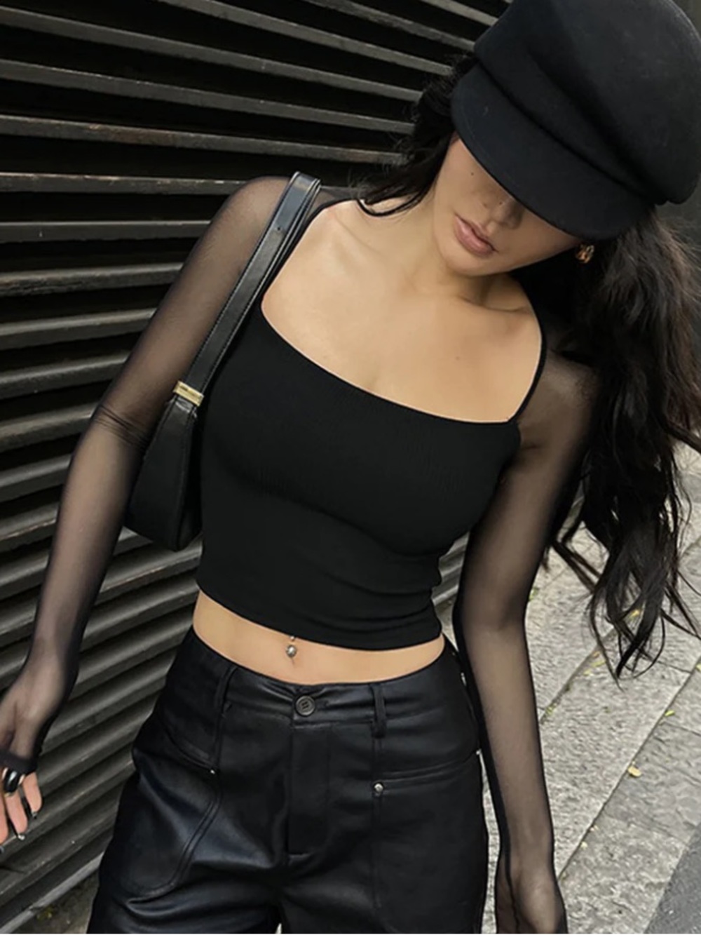 Square Neck Sheer Panel Crop T-Shirt